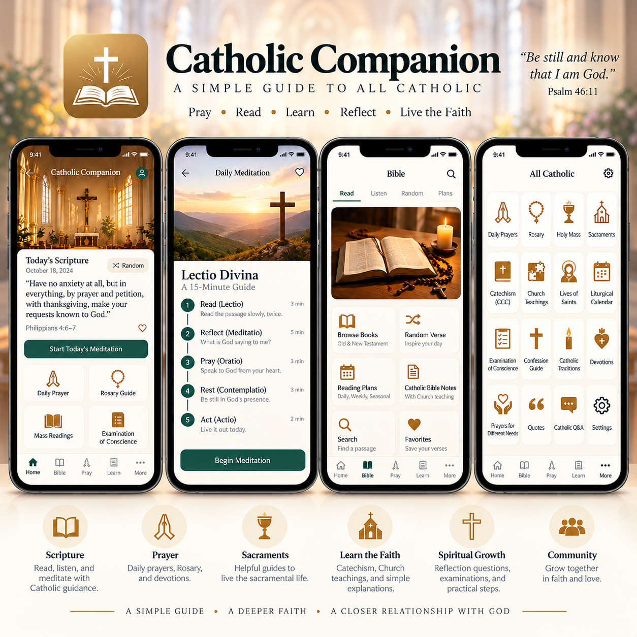 Catholic Companion square app illustration featuring Scripture, daily meditation, Bible reading, Rosary, sacraments and Catholic learning